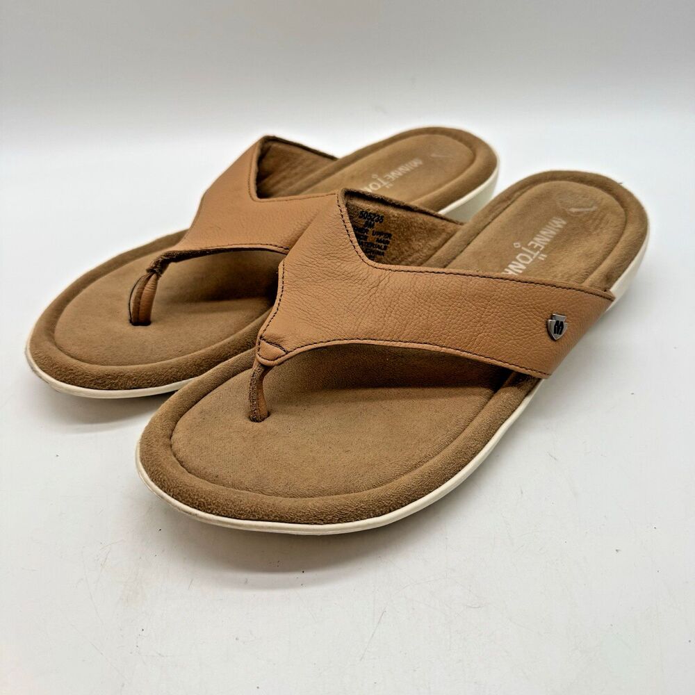 Minnetonka Leather Sienna Thong Sandal Women 8 Honey Brown Memory Foam Flip Flop